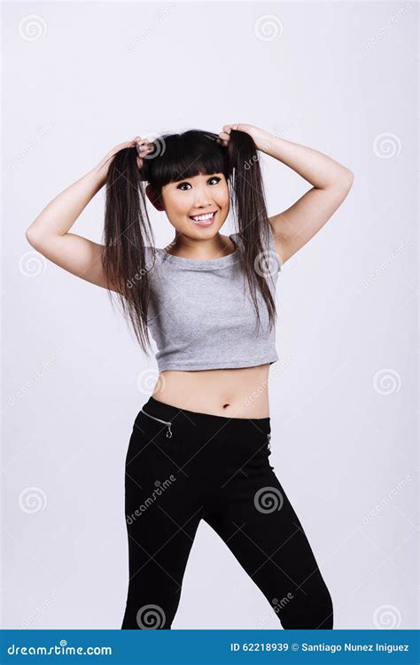 Pretty Asian Woman Take Her Pigtails Stock Image Image Of Pigtail