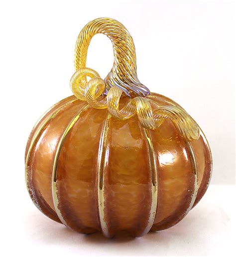 Small Topaz Pumpkin With Gold Stripes By Ken Hanson And Ingrid Hanson