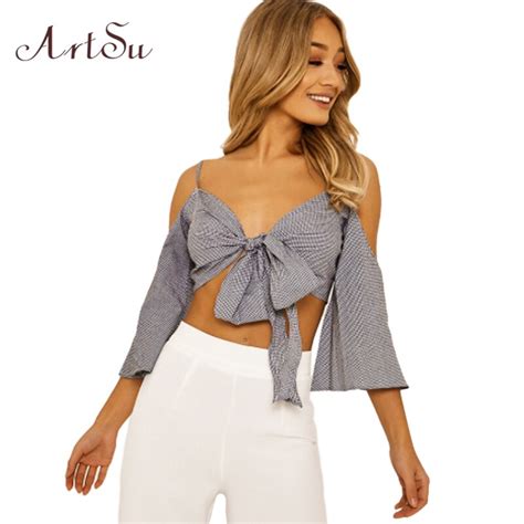 Buy Artsu Short Plaid Blouse Off Shoulder 34 Flare Sleeve Women Blouses Lace