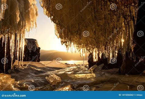 Sunrise Mountains Ice Cave Icicles Sun Stock Photo Image Of Rays