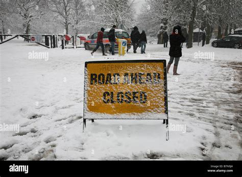 Road Ahead Closed Sign In Greenwich Park Due To Severe Snowfall Stock