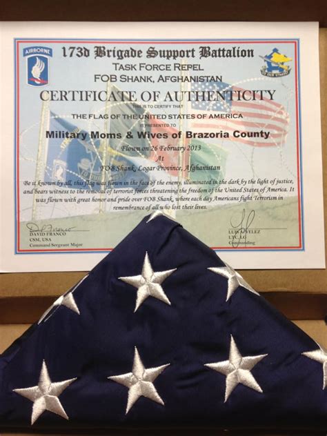 I have an american flag that flew over afghanistan on sept 11, 2003 during operation enduring freedom. Military Moms and Wives of Brazoria County
