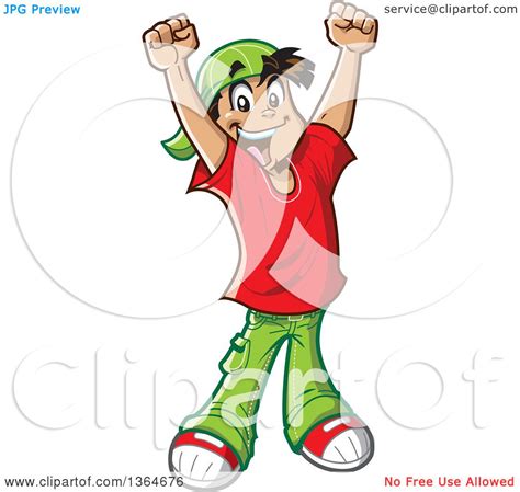 Clipart Of A Cartoon Happy Casual Teenage Boy Cheering Royalty Free