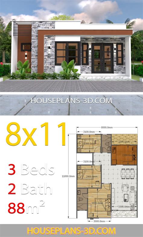 Résultat de recherche de plans de maison pour la catégorie: House Design 8x11 with 3 Bedrooms Full Plans | Plan maison ...