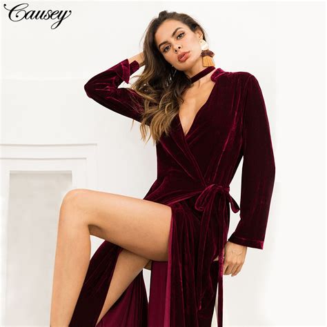 Sexy Elegant Velvet Warm Maxi Dress Women Long Sleeve Deep V Lady Dress