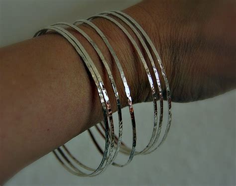 Buy Hand Crafted 7 Thin Handmade Hammered Sterling Silver Stack Bangle