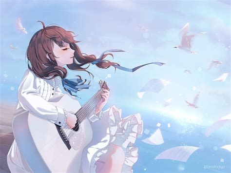 Wallpaper Anime Girl Guitar Instrument Birds White