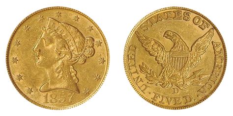 1857 D Coronet Head Gold 5 Half Eagle Type 1 No Motto Liberty Head