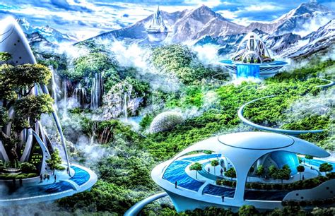 The Futuristic City Is Surrounded By Trees And Mountains