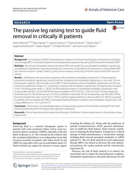 Pdf The Passive Leg Raising Test To Guide Fluid Removal In Critically