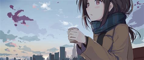 2560x1080 Anime Girl Holding Tea Outside 2560x1080