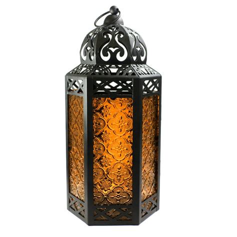 Moroccan Style Candle Lantern With Led Lights Amber Glass Large