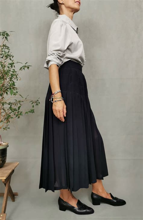 Silk Pleated Skirt For Women Size M Long Silk Skirt Navy Etsy Uk