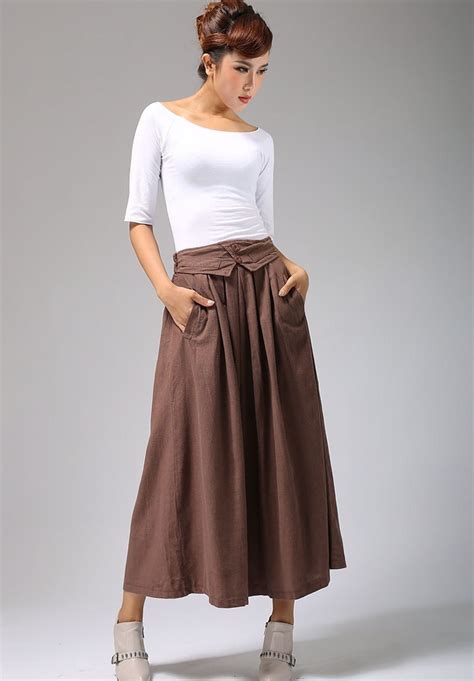 Maxi Skirt Brown Linen Skirt Women Maxi Skirt With Elastic