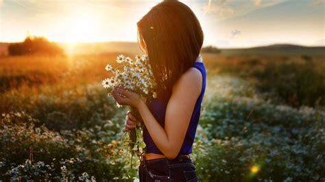 wallpaper women model brunette flowers sunset depth of field 1920x1080 charliin