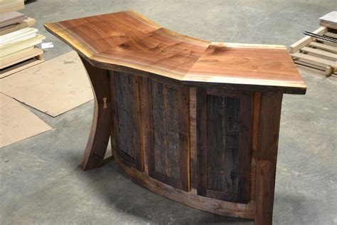 Hand Crafted Live Edge Walnut And Reclaimed Curved Bar Reception Desk