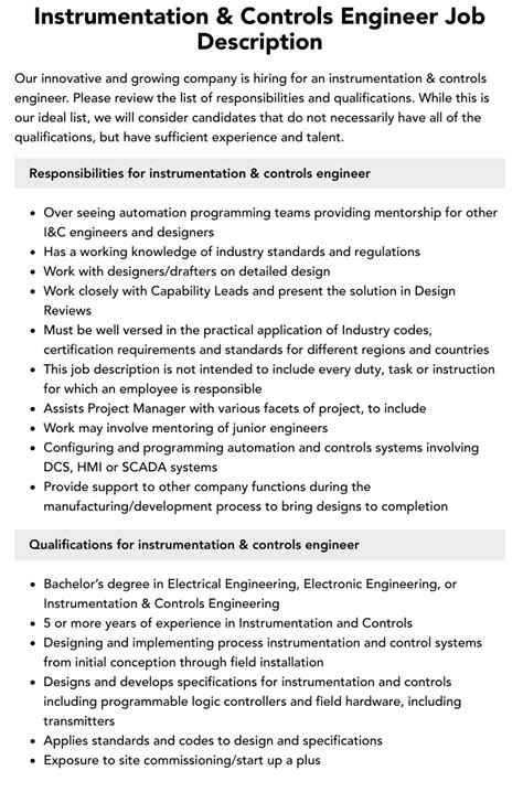 Instrumentation And Controls Engineer Job Description Velvet Jobs