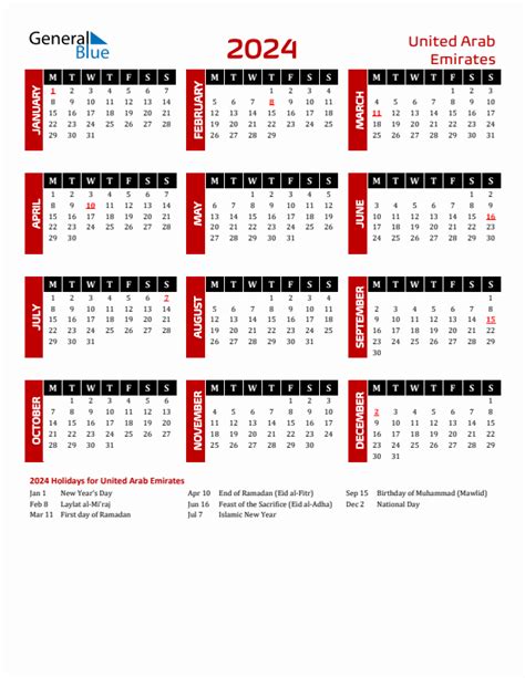 2024 United Arab Emirates Calendar With Holidays