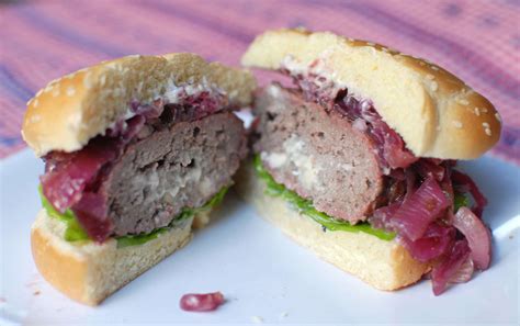 Blue Cheese Stuffed Burgers With Red Onion Marmalade Two Lucky Spoons
