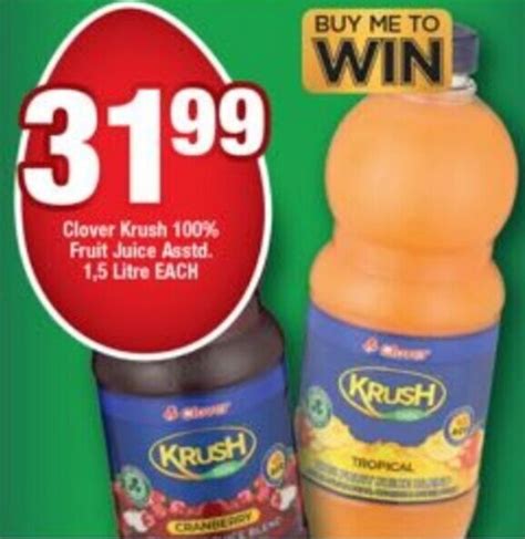 Clover Krush 100 Fruit Juice Asstd 15 Litre Each Offer At Ok Foods