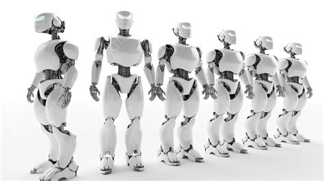 Six White Robots Standing In Line Background 3d Rendering Group Of