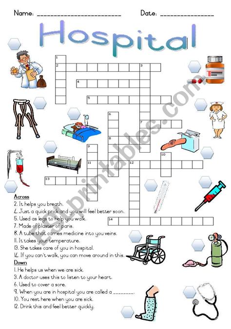 Hospital Crossword Puzzle Esl Worksheet By Joeyb1