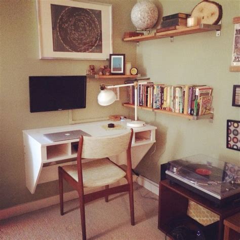 Be inspired and find the perfect products to furnish your life. Our new office! Floating desk, IKEA shelves & lamp, MCM ...