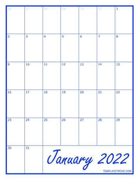 January 2022 Calendar Printable Portrait