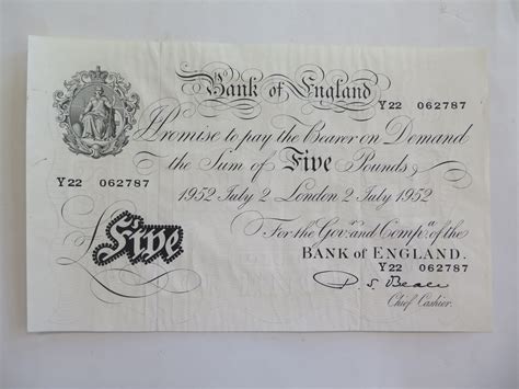 A Bank Of England White Five Pound Note July 2 1952 Chief Cashier