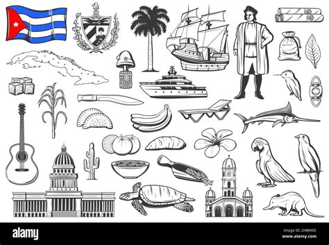Cuba Símbolos Nacionales Cocina Y La Naturaleza Grabados Iconos Conjunto Bandera Cubana Y