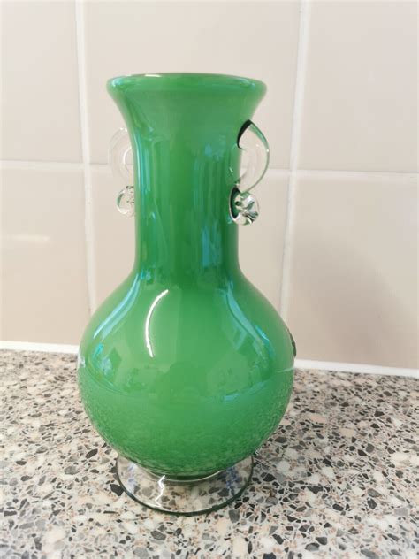 Vintage Hand Blown Art Floral Detail Glass Footed Vase Green 8x5 Ebay