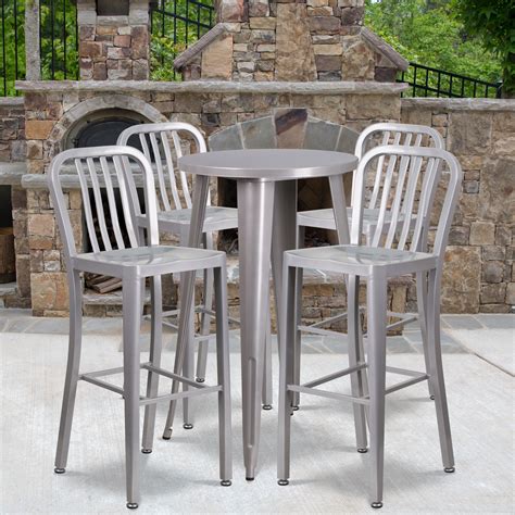 Flash Furniture Round Metal Indoor Outdoor Bar Table Set With Vertical Slat Back Barstools
