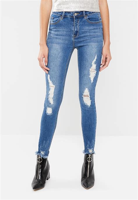 Anarchy Mid Rise Frayed Skinny Jeans Blue Missguided Jeans