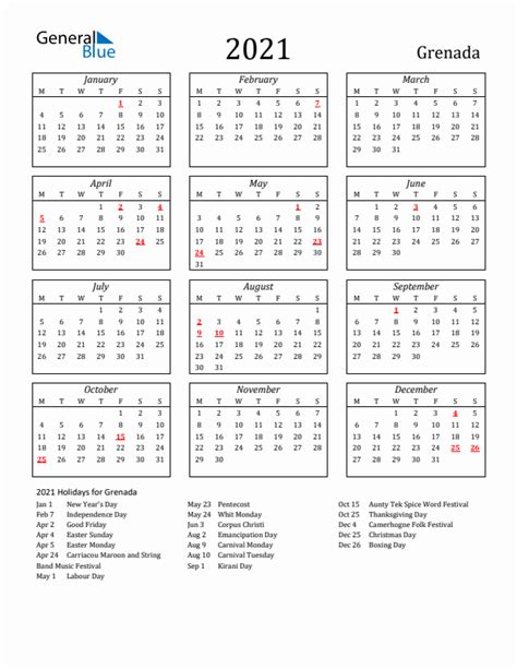 2021 Grenada Calendar With Holidays