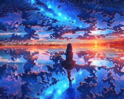 Anime Original City Cloud Girl Reflection Starry Sky Sunset Hd