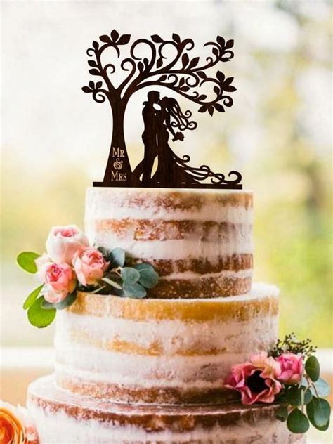 Bride Groom Wedding Cake Topper Mr Mrs Tree Cake Topper Custom Etsy Silhouette Cake Topper