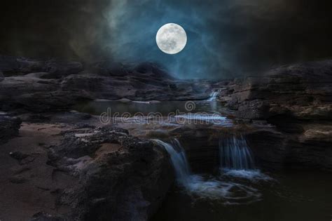 Beautiful Waterfall In Night With Full Moon Stock Image Image Of