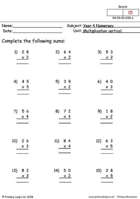 Maths Worksheets Vertical Multiplication