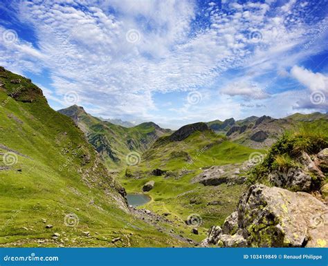 Beautiful Landscape Of Pyrenees Mountains With Small Lake Stock Image