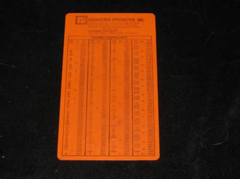 Tap Drill Sizes Card Engineering Specialties Decimal Equivalents Pipe