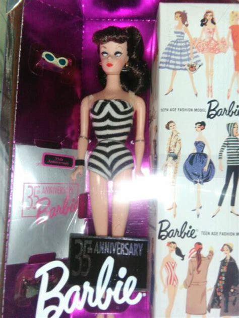 1993 35th Anniv Brunette Barbie 1959 Reproduction Swimsuit Black White