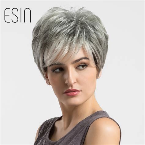 Esin Synthetic Fluffy Multi Layered Hair Short Straight Silver Grey