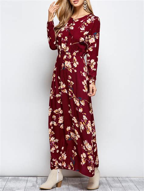 48 Off Floral Print Maxi Boho Dress With Long Sleeve