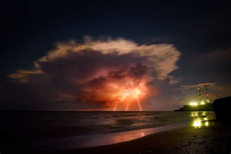 Download Ocean Horizon Coastline Lightning Cloud Night Nature Storm 4k