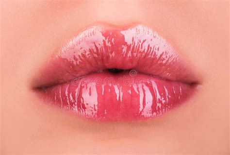 Female Lips With Pink Lipstick Sensual Womens Open Mouths Red Lip With Glossy Lipgloss Stock