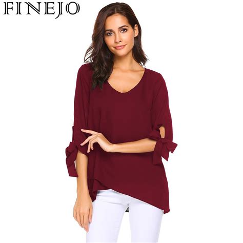 Finejo Women Casual V Neck Knotted Sleeve Solid Loose Chiffon Blouse