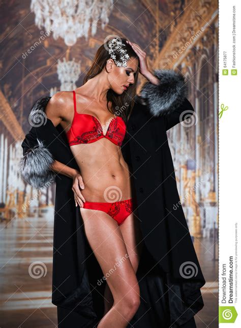 Mooie Verleidelijke Jonge Vrouw In Sexy Rode Lingerie En Luxebontjas