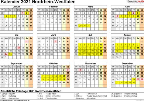 Ideal zum ausdrucken und teilen. Kalender 2021 NRW: Ferien, Feiertage, Excel-Vorlagen