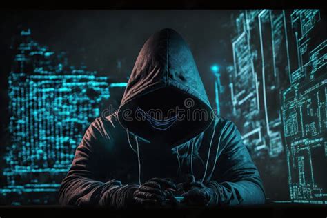 Hacker With Hood And Mask Sitting Next To Computergenerative Ai Stock