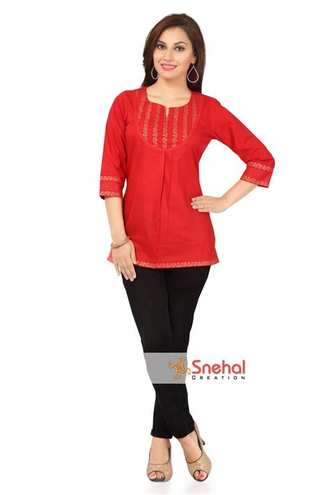 Wed Me Red Short Cotton Designer Short Tunic Top For Women